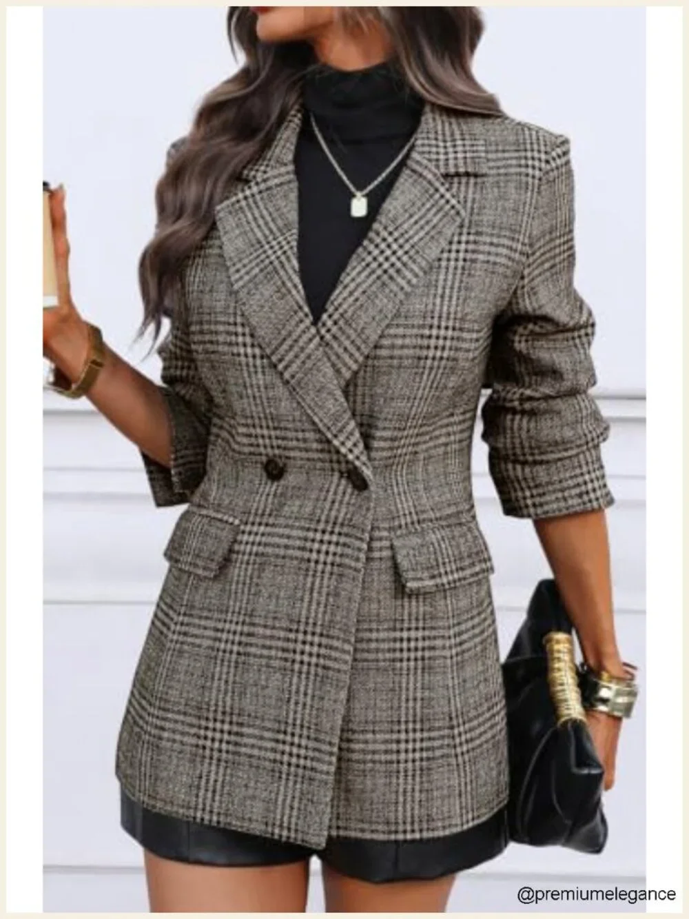 Women's Longline Double-Breasted Plaid Tweed Blazer Notch Collar Machine